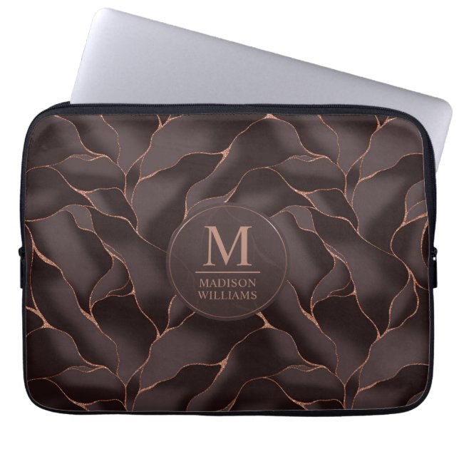 Chocolate Brown & Rose Gold Abstract Wave Pattern Laptop Sleeve (Front)