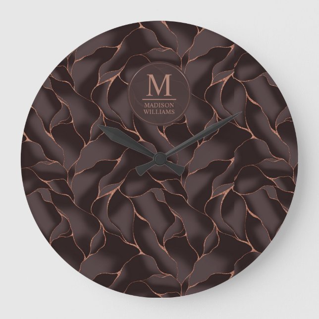 Chocolate Brown & Rose Gold Abstract Wave Pattern Large Clock (Front)