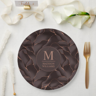 Chocolate Brown & Rose Gold Abstract Wave Pattern Paper Plate