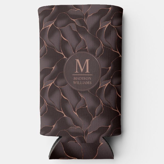Chocolate Brown & Rose Gold Abstract Wave Pattern Seltzer Can Cooler (Front)