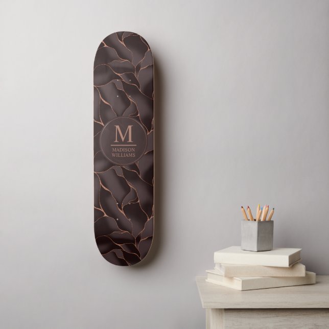 Chocolate Brown & Rose Gold Abstract Wave Pattern Skateboard (Wall Art)