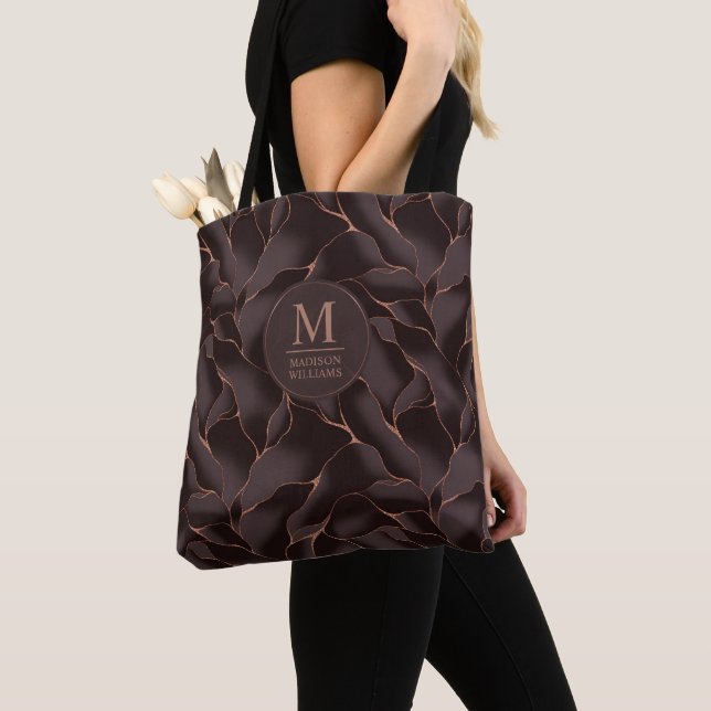 Chocolate Brown & Rose Gold Abstract Wave Pattern Tote Bag (Close Up)