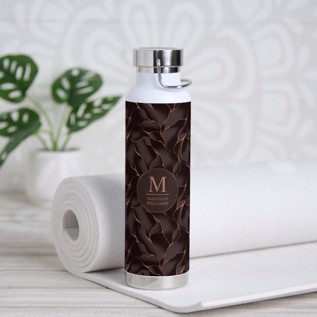 Chocolate Brown & Rose Gold Abstract Wave Pattern Water Bottle (Yoga (Rotated))