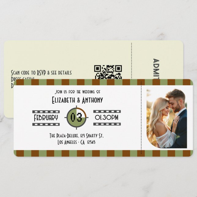 Chocolate Brown, Sage Green & Beige Ticket Wedding Invitation (Front/Back)
