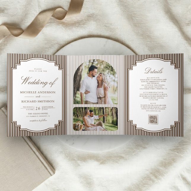 Chocolate Brown Striped Photo QR Code Wedding Tri-Fold Invitation (Creator Uploaded)