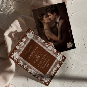 Chocolate Brown Vintage Lace Old Money Wedding Invitation