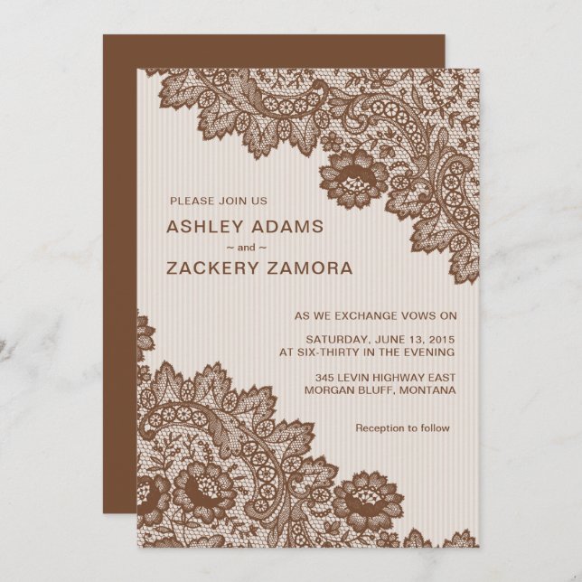 Chocolate Brown Vintage Lace Wedding Invitation (Front/Back)
