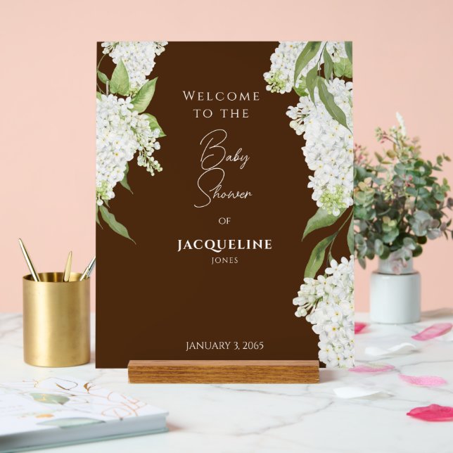 Chocolate Brown White Floral Baby Shower Welcome Acrylic Sign (Wedding)