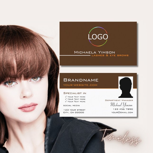 Chocolate Brown White with Logo and Photo Elegant Business Card (Creator Uploaded)