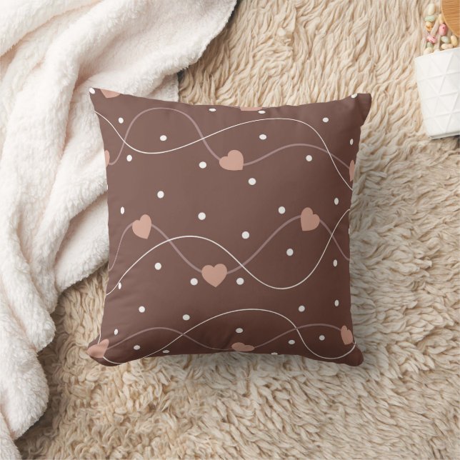 Chocolate Brown with Pink Hearts Pattern Cushion (Blanket)