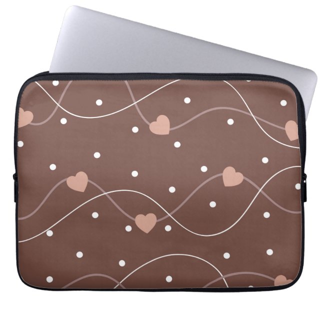 Chocolate Brown with Pink Hearts Pattern Laptop Sleeve (Front)