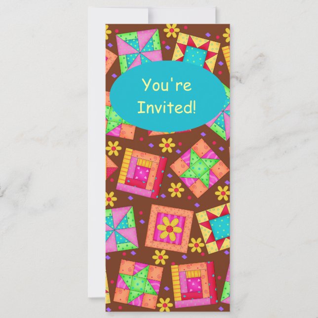 Chocolate Brown Yellow Patchwork Quilt Block Art Invitation (Front)