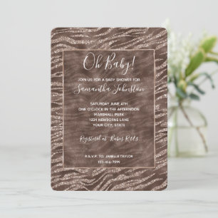 Chocolate Brown Zebra Glitter Baby Shower Invitation