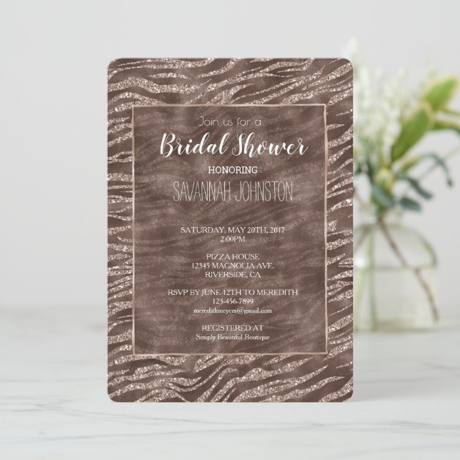 Chocolate Brown Zebra Glitter bridal shower   Invitation (Standing Front)