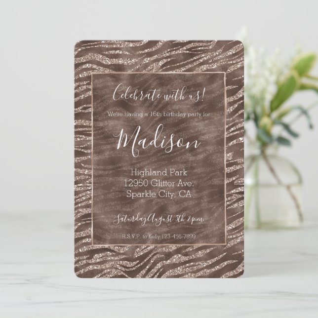 Chocolate Brown Zebra Glitter   Invitation (Standing Front)