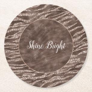 Chocolate Brown Zebra Glitter Peach Frame       Round Paper Coaster
