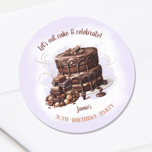 Chocolate Cake Purple Brown 30th Birthday Party Classic Round Sticker (Chocolate cake Birthday Sticker)