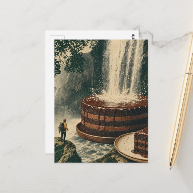 Chocolate Cake Waterfall Surreal Art Postcard (Front/Back In Situ)
