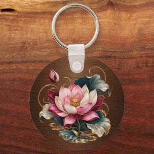 > Chocolate Car and Water Lily Floral Double-Sided Key Ring