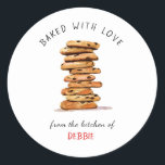 Chocolate chip cookie 'baked with love'  classic round sticker<br><div class="desc">Personalised "Baked with love" stickers are perfect for homemade Christmas gifts featuring cute watercolor illustration of chocolate chip cookies.</div>