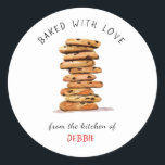 Chocolate chip cookie 'baked with love'  classic round sticker<br><div class="desc">Personalised "Baked with love" stickers are perfect for homemade Christmas gifts featuring cute watercolor illustration of chocolate chip cookies.</div>
