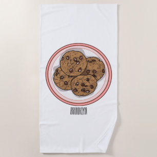 Chocolate chip cookie cartoon illustration beach towel