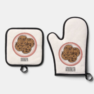 Chocolate chip cookie cartoon illustration oven mitt & pot holder set