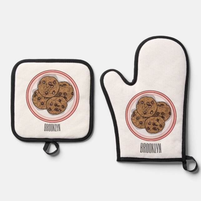 Chocolate chip cookie cartoon illustration oven mitt & pot holder set (Front)