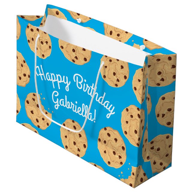 Chocolate Chip Cookie Kids 1st Birthday Party Blue Large Gift Bag (Front Angled)
