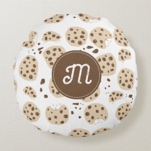 Chocolate Chip Cookies Pattern Monogram Round Cushion