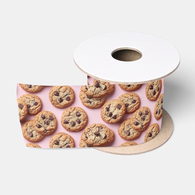Chocolate Chip Cookies Pattern on Pink Satin Ribbon (Spool)