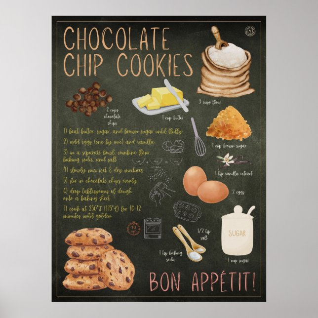 Chocolate Chip Cookies Recipe Chalkboard Print (Front)
