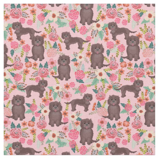 Chocolate cockapoo dogs vintage florals pink fabric (Close Up)