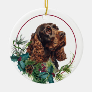 Chocolate Cocker Spaniel Evergreen Berry Wreath Ceramic Ornament