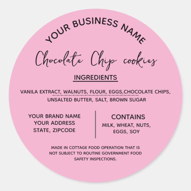 Chocolate cookies ingredients list  business  classic round sticker (Front)