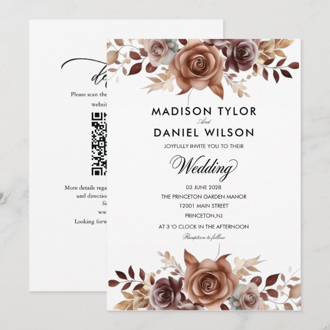 Chocolate Copper ivory Floral wedding Invitation (Front/Back)