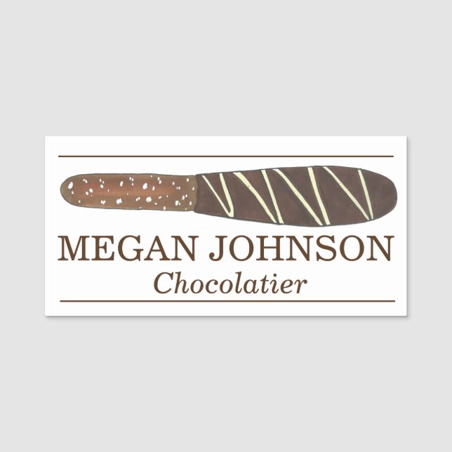 Chocolate Covered Pretzel Stick Chocolatier Candy Name Tag (Front)