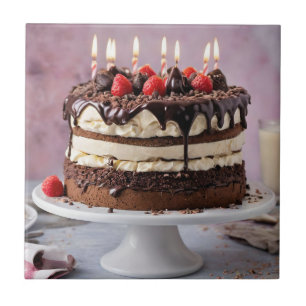 Chocolate Cream Birthday Cake With Strawberries,  Ceramic Tile