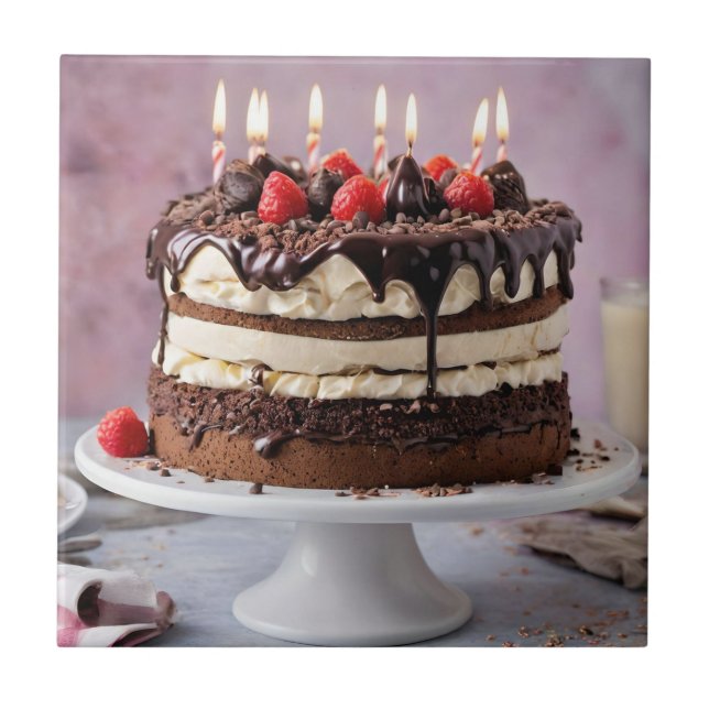 Chocolate Cream Birthday Cake With Strawberries,  Ceramic Tile (Front)
