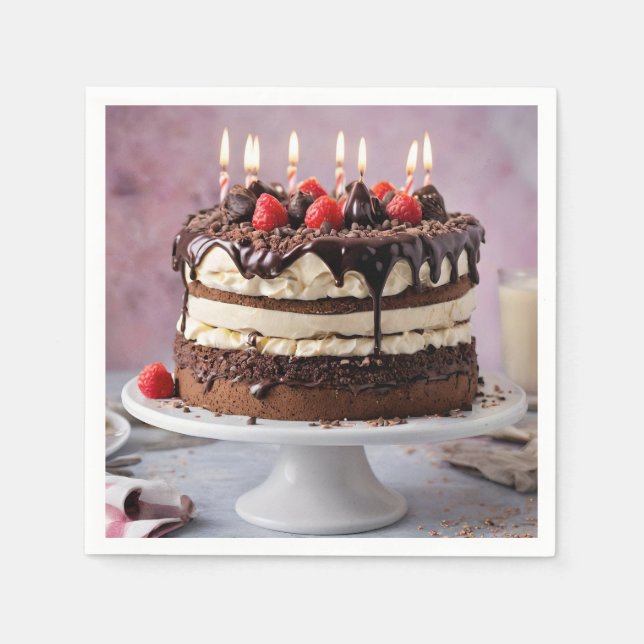 Chocolate Cream Birthday Cake With Strawberries,  Napkin (Front)