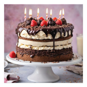 Chocolate Cream Birthday Cake With Strawberries,  Photo Print