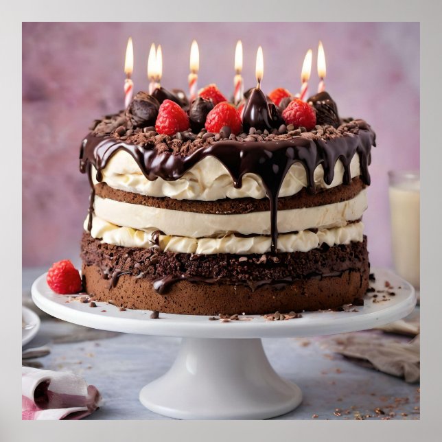Chocolate Cream Birthday Cake With Strawberries,  Poster (Front)