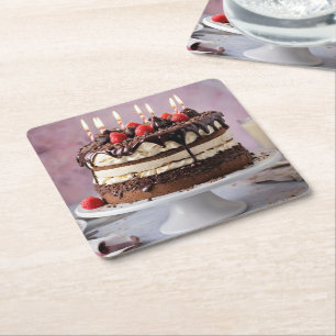 Chocolate Cream Birthday Cake With Strawberries, Square Paper Coaster
