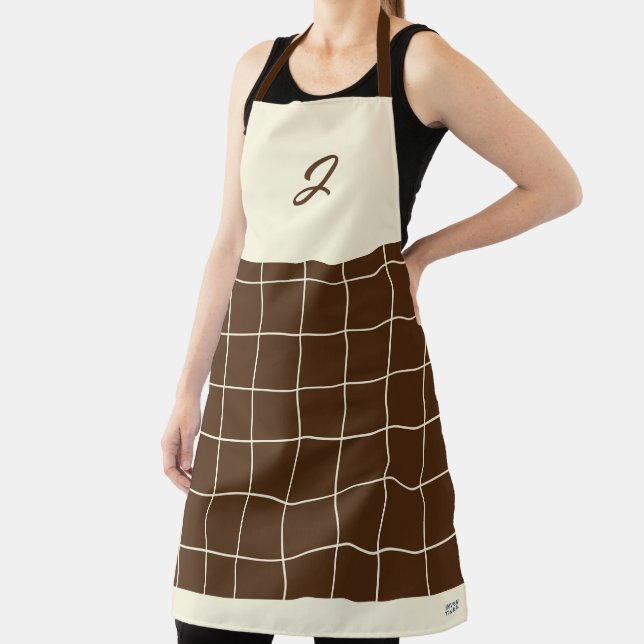 Chocolate Cream Grid Square Boho Pattern Monogram  Apron (Insitu)