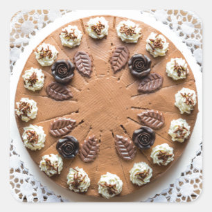 Chocolate cream pie on rustic wood cake top square sticker