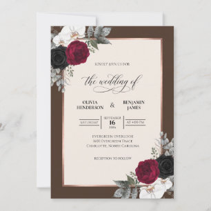 Chocolate Crimson Bouquet Grey Eucalyptus Wedding Invitation