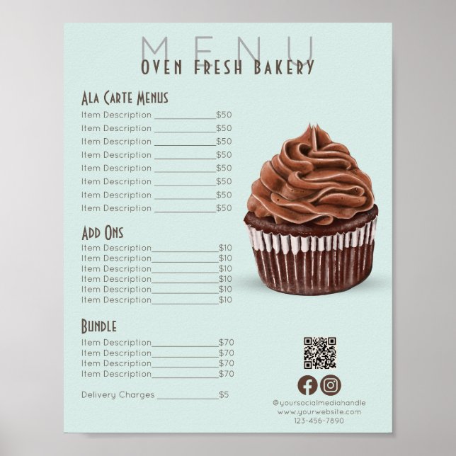 Chocolate Cupcake Mint Menu Bakery Price List Poster (Front)
