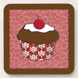 Chocolate Cupcake on Red and White Pattern Coaster