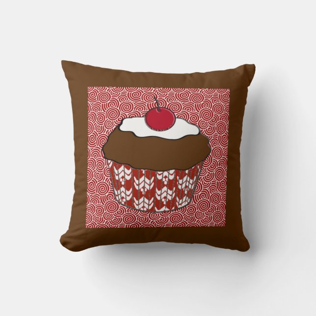 Chocolate Cupcake on Red and White Pattern Cushion (Front)