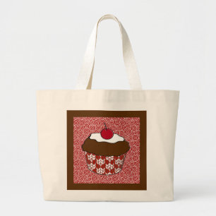 Chocolate Cupcake on Red and White Pattern Large Tote Bag